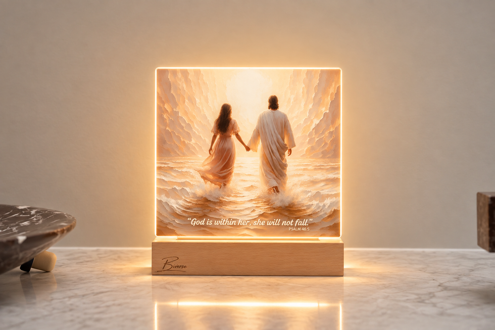 BIVERSE acrylic decor lamp showing two figures walking through a light-filled scene.