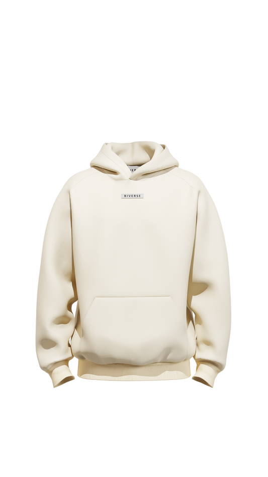 Front view of the Beige BIVERSE 23' hoodie on a black background.
