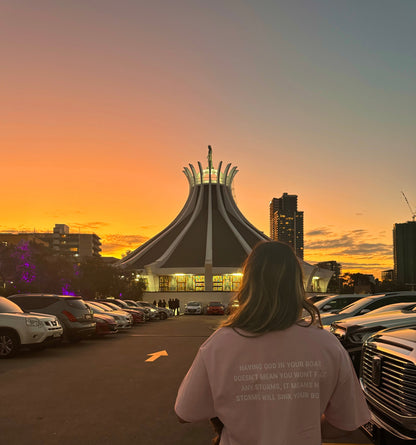Back view of a Blush pink BIVERSE tee with a printed verse, worn outdoors at sunset.
