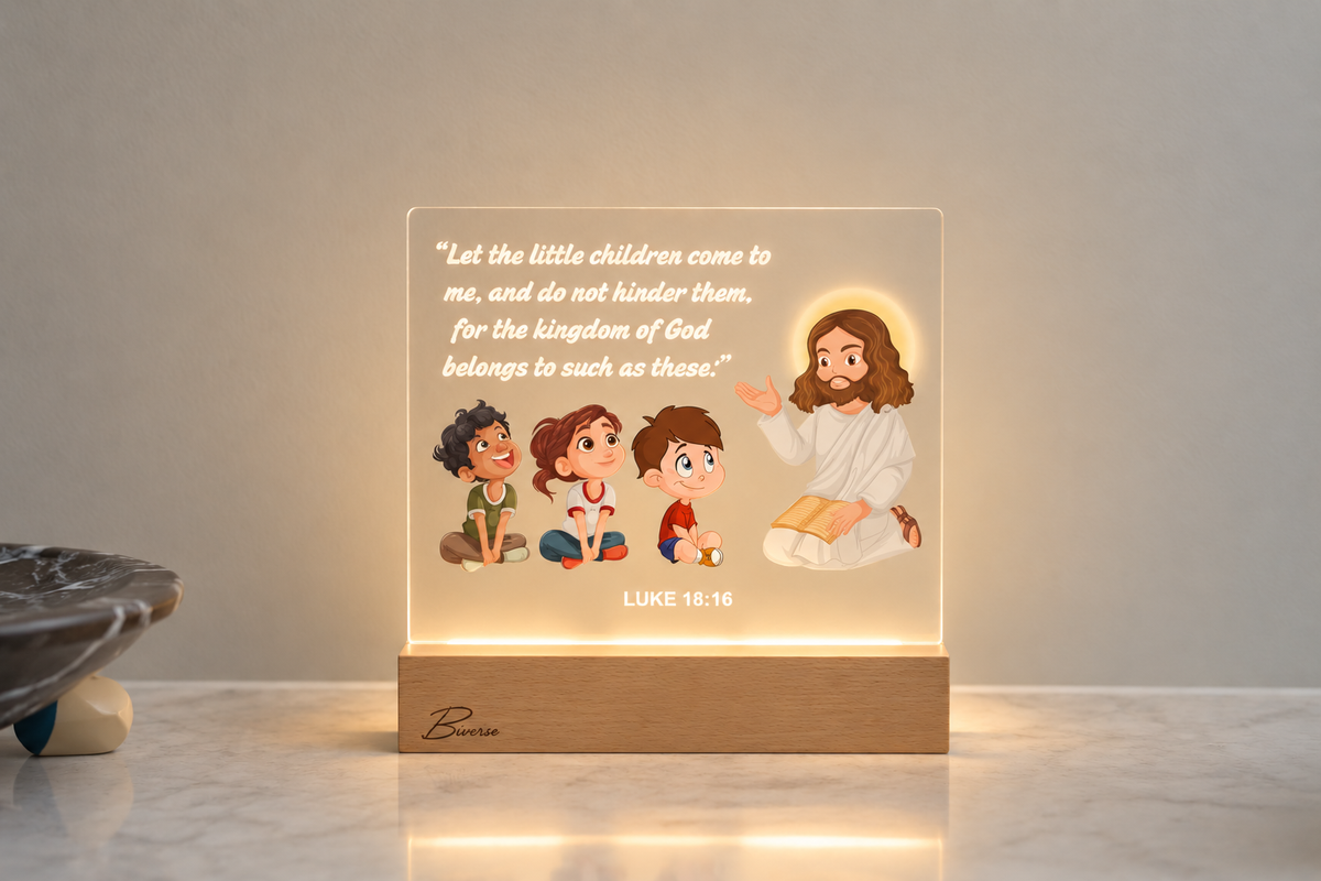 Illuminated BIVERSE acrylic decor lamp with scripture text and an illustration of Jesus with children.