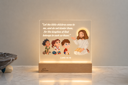 Illuminated BIVERSE acrylic decor lamp with scripture text and an illustration of Jesus with children.