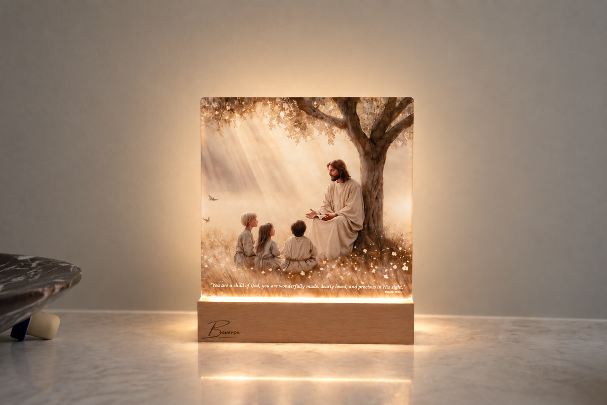 BIVERSE acrylic decor lamp showing Jesus and children beneath a tree.