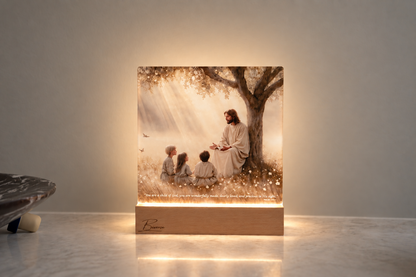 BIVERSE acrylic decor lamp showing Jesus and children beneath a tree.