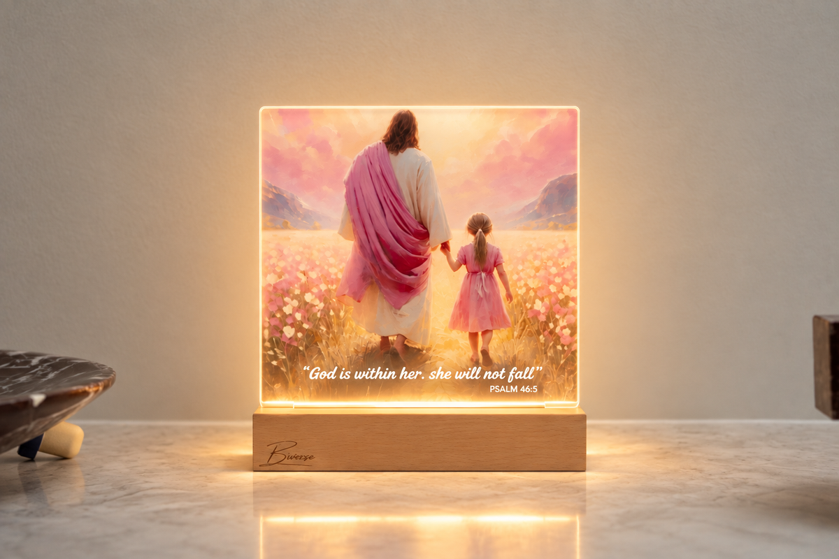 BIVERSE acrylic decor lamp with an illustration of Jesus walking beside a child.