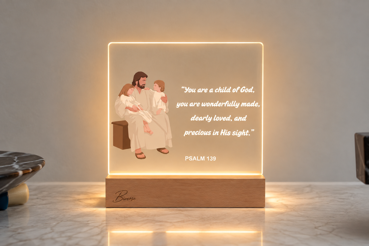 Illuminated BIVERSE acrylic decor lamp with scripture text and an illustrated child.