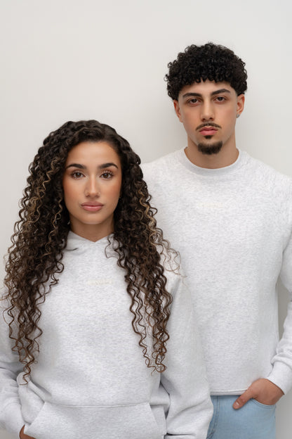 Models wearing a Smoke light grey BIVERSE hoodie and crewneck.