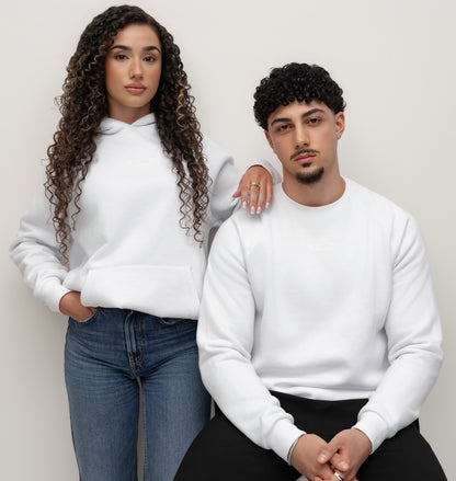 Models wearing a Snow white BIVERSE hoodie and crewneck.