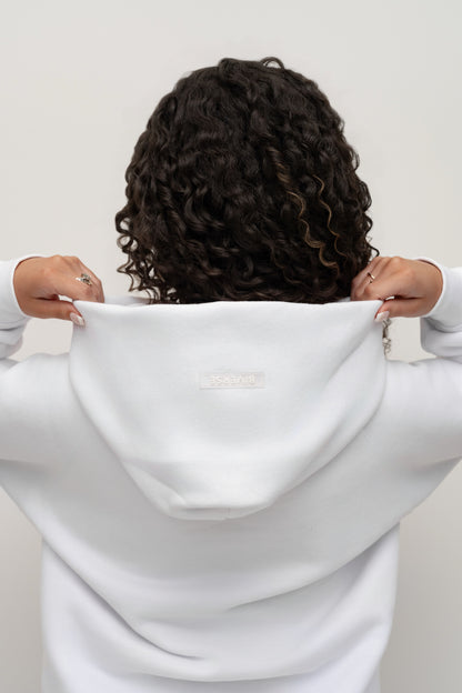 Back view showing the hood detail on the Snow white BIVERSE hoodie.