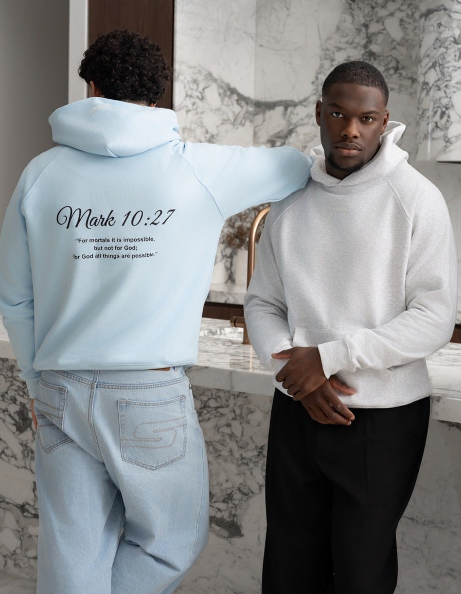 Back of the Sky Biverse hoodie showing the Mark 10:27 scripture print